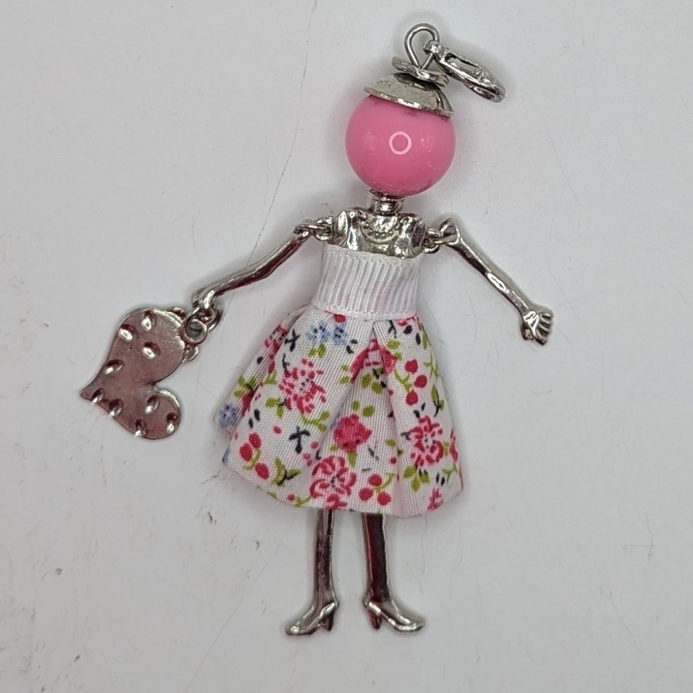 Pink Bead Doll Pendant Charm with Floral Dress , Keychain, Purse Charm